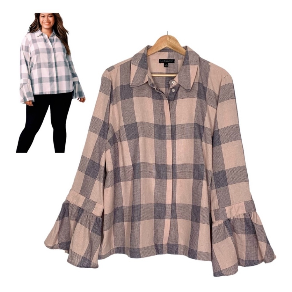Lane Bryant Bell Sleeve Button Down Shirt Pink Gray Plaid Size 14